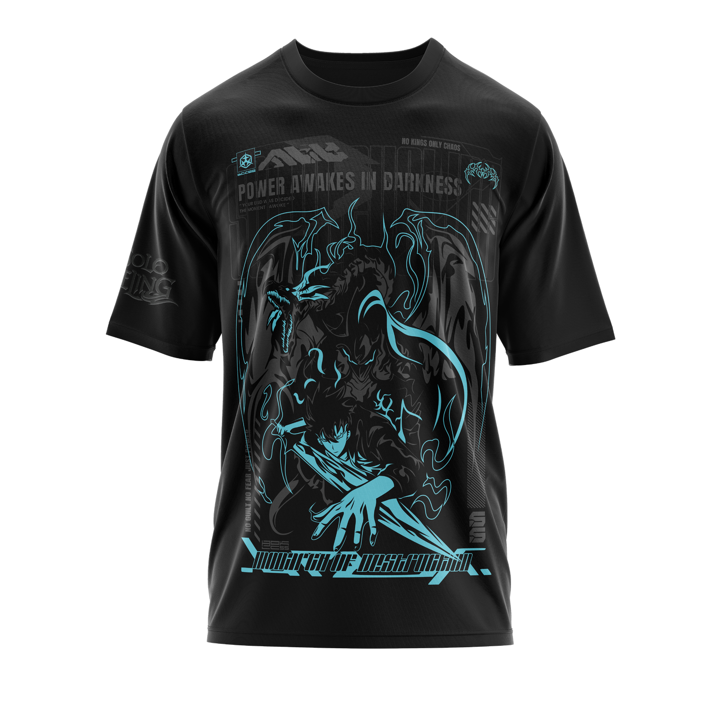 BLOCK55 Solo Leveling anime graphic T-shirt featuring Sung Jin-Woo artwork, streetwear fit in premium black cotton, inspired by Korean manhwa aesthetics – perfect for anime and manga fans.
