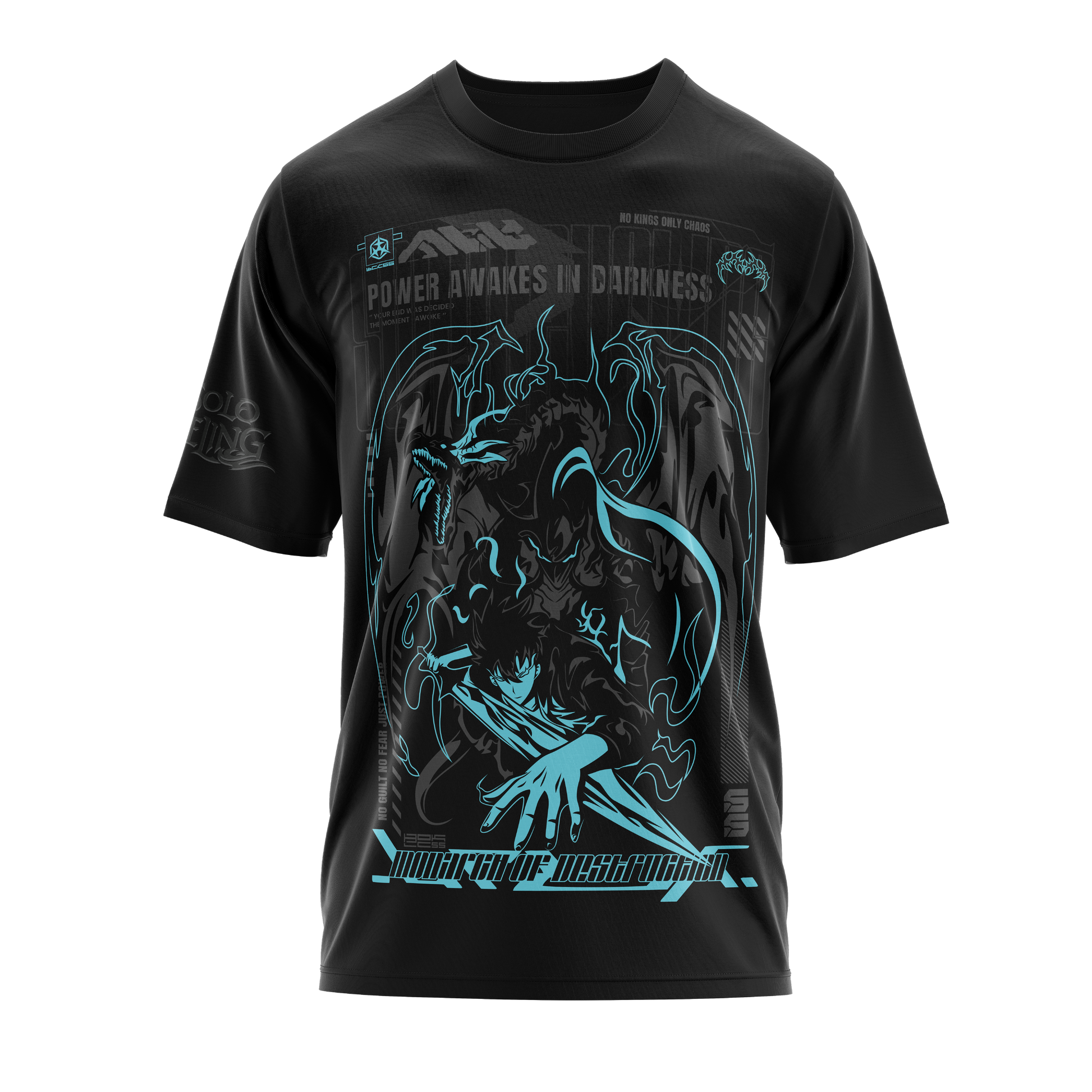 BLOCK55 Solo Leveling anime graphic T-shirt featuring Sung Jin-Woo artwork, streetwear fit in premium black cotton, inspired by Korean manhwa aesthetics – perfect for anime and manga fans.