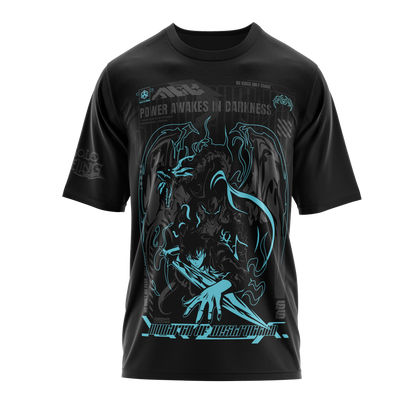 BLOCK55 Solo Leveling anime graphic T-shirt featuring Sung Jin-Woo artwork, streetwear fit in premium black cotton, inspired by Korean manhwa aesthetics – perfect for anime and manga fans.