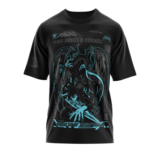BLOCK55 Solo Leveling anime graphic T-shirt featuring Sung Jin-Woo artwork, streetwear fit in premium black cotton, inspired by Korean manhwa aesthetics – perfect for anime and manga fans.