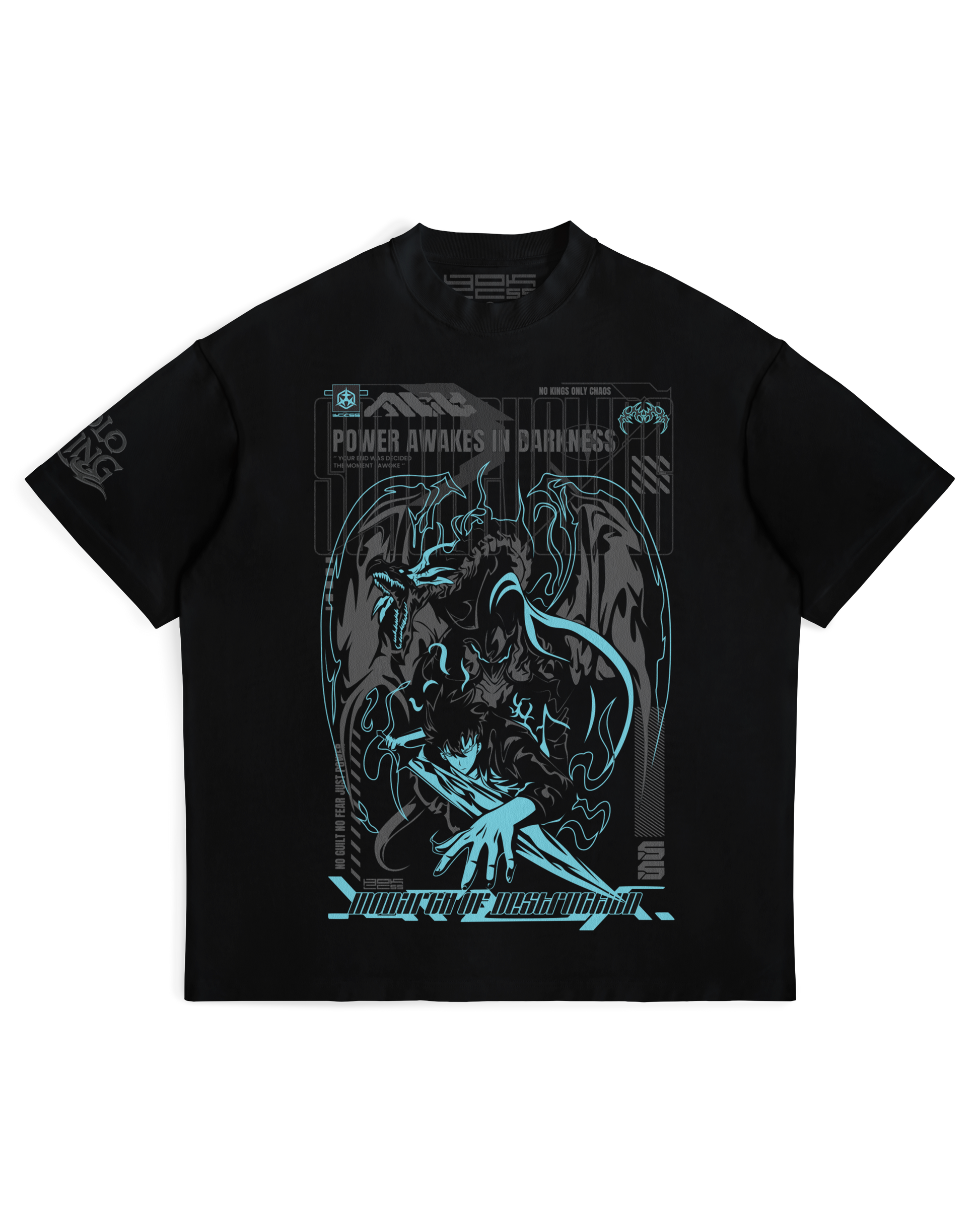 BLOCK55 Solo Leveling anime graphic T-shirt featuring Sung Jin-Woo artwork, streetwear fit in premium black cotton, inspired by Korean manhwa aesthetics – perfect for anime and manga fans.