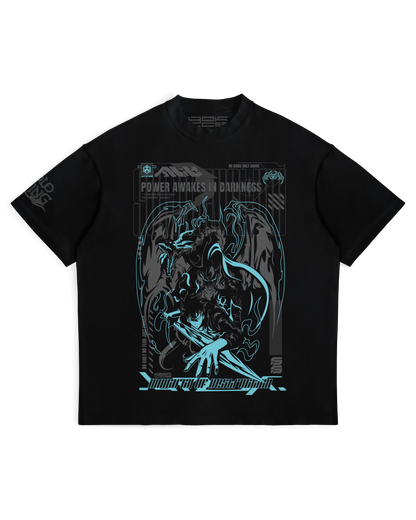 BLOCK55 Solo Leveling anime graphic T-shirt featuring Sung Jin-Woo artwork, streetwear fit in premium black cotton, inspired by Korean manhwa aesthetics – perfect for anime and manga fans.